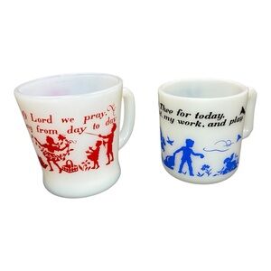 Vintage Anchor Hocking Fire King Milk Glass Mugs Cups Prayer Set of 2 White